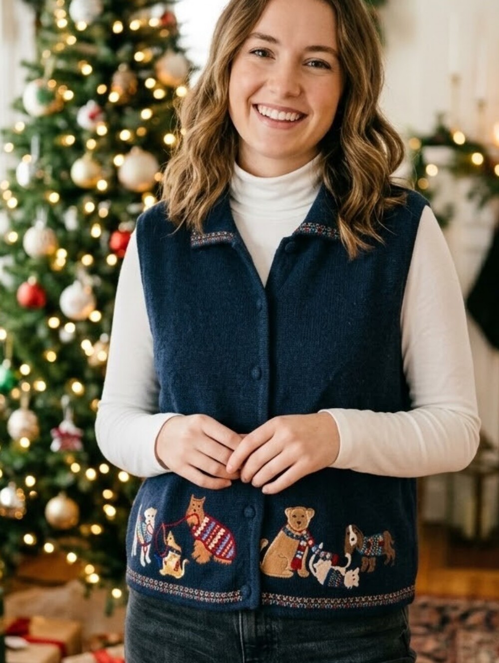 Vintage Bechamel Blue Sweater Vest Dogs And Cats Holiday Womens Size XL Winter